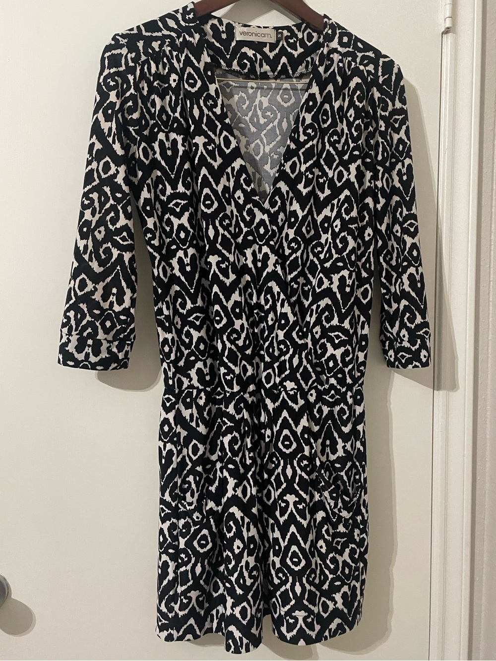 Veronica M Black & White Ikat Wrap Style Mini Dress S | Pockets!